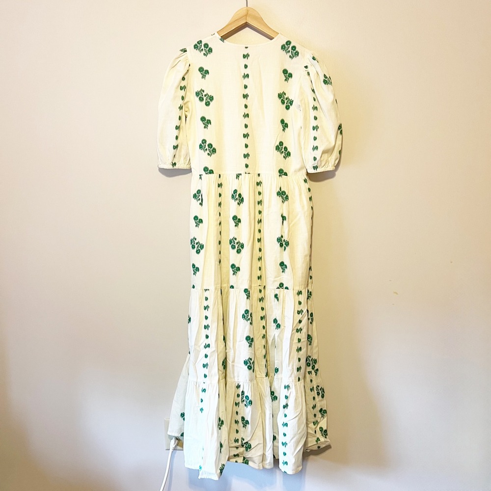 Oliphant Cotton Puff-Sleeve Tiered Maxi Dress Green Wicklow Size Small - Picture 6 of 9